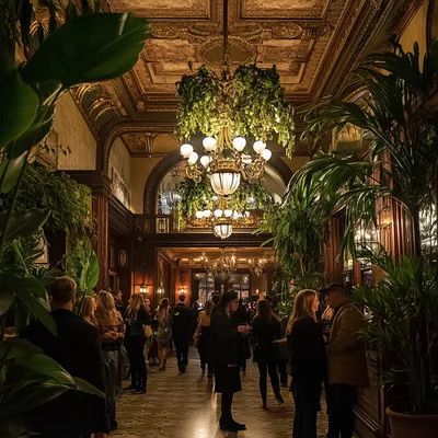 A grand theater lobby bustling with excited attendees, preparing for an unforgettable experience. The high ceilings feat