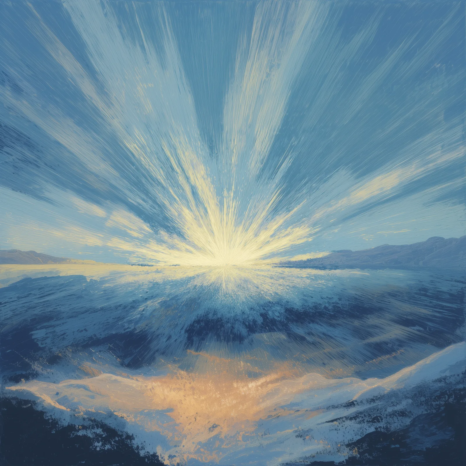 Abstract explosion of energy in an open landscape, upward burst of light and motion, halftone and heavy dithered texture