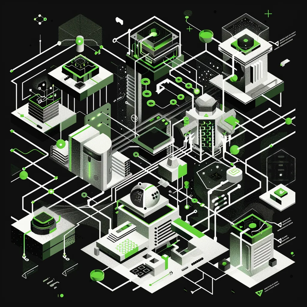 simple black-and-white-and-green illustration, Death Star architecture metaphor, vast sprawling interconnected microserv