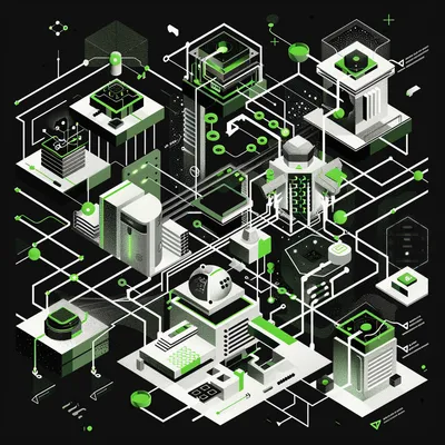 simple black-and-white-and-green illustration, Death Star architecture metaphor, vast sprawling interconnected microserv