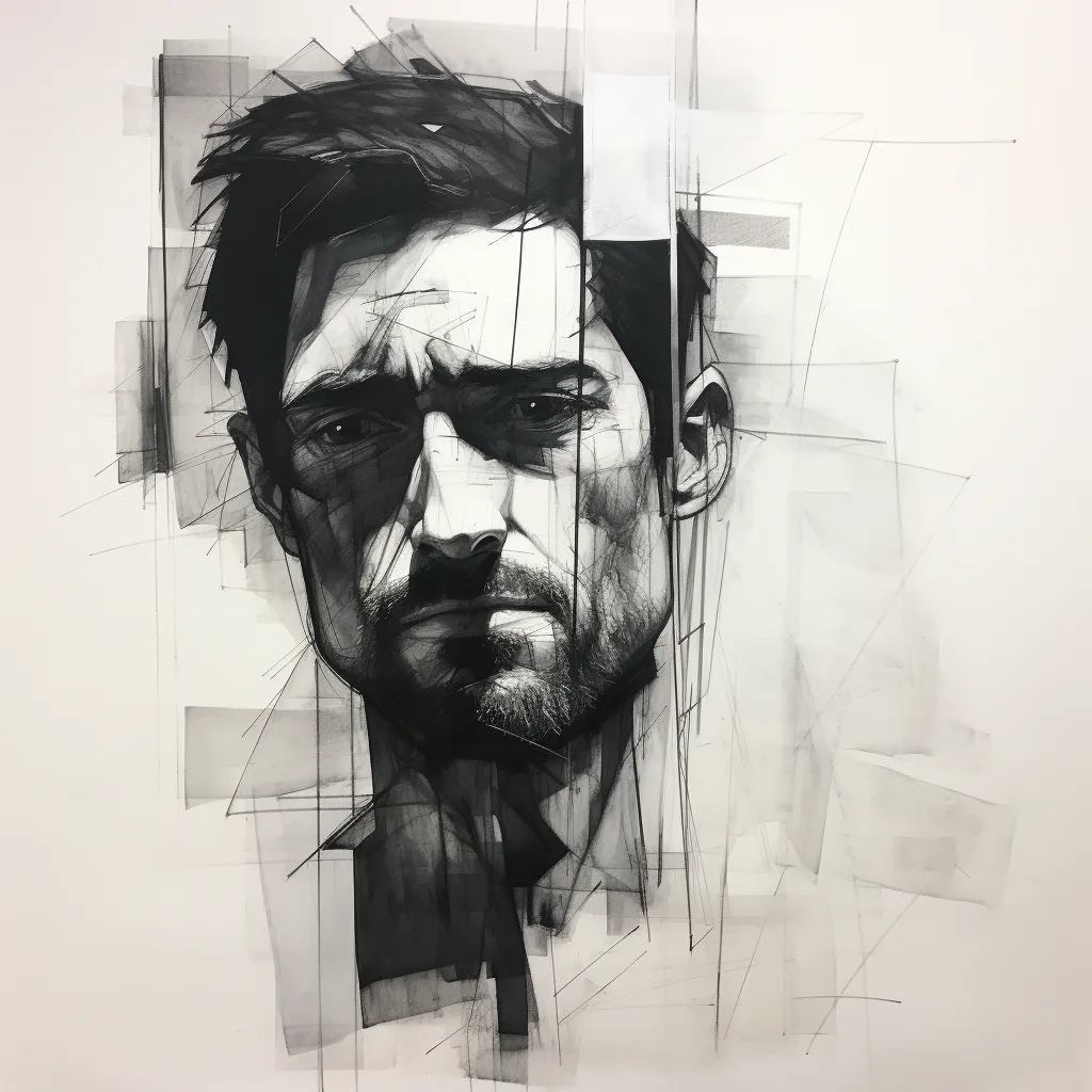 abstract, charcoal drawing, portrait, man, simple shapes, lines, black and white --s 250