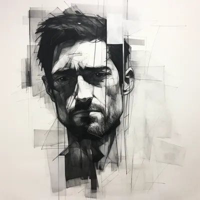 abstract, charcoal drawing, portrait, man, simple shapes, lines, black and white --s 250