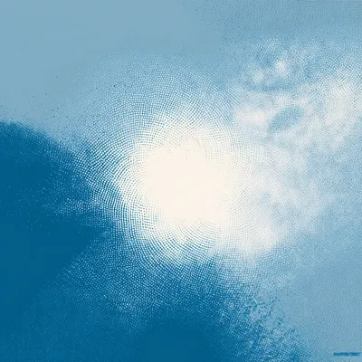 Abstract halftone spiral in ethereal light blue to deep ocean blue, dithered gradients expanding outward, soft cream glo