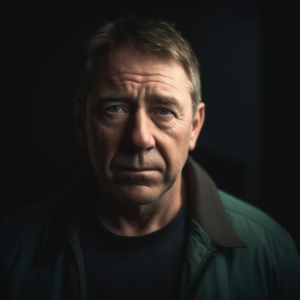 Portrait photo of a middle aged man, the portrait is shot on a mirrorless camera, a 50mm prime lens, and a dramatic ligh