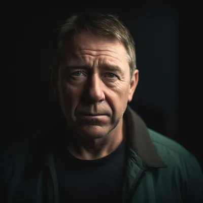 Portrait photo of a middle aged man, the portrait is shot on a mirrorless camera, a 50mm prime lens, and a dramatic ligh