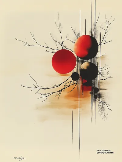 Annual report cover, The Capital Corporation, 1961. Abstract composition inspired by Alexander Calder's mobiles and goua