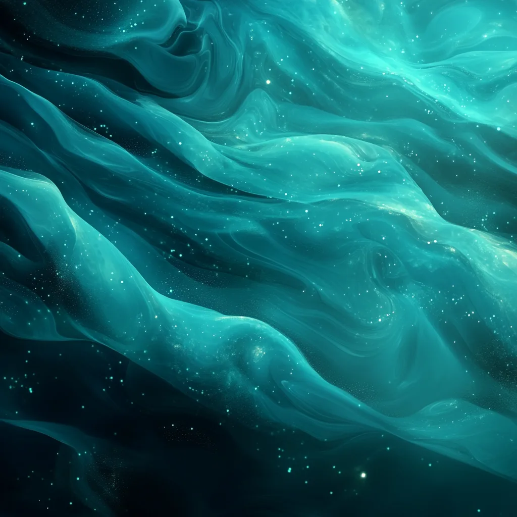 Flowing abstract shapes resembling deep underwater currents, with gradients of teal, aquamarine, and hints of biolumines