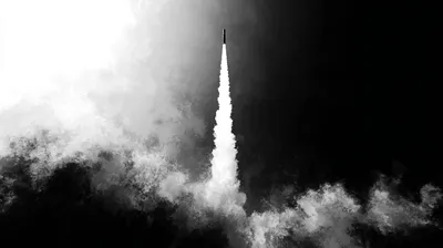 abstract rocket going up into the air, pure black to white gradient, smooth cinematic grain overlay, classic film noir l