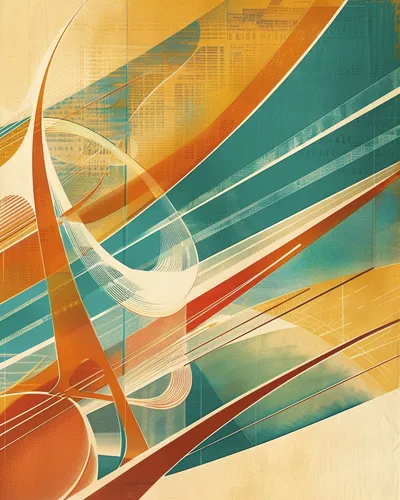 vintage 1950s General Dynamics annual report cover illustration, dynamic composition conveying energy and motion, mid-ce