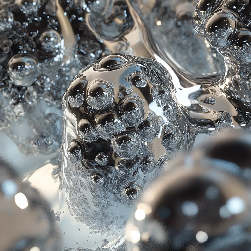 Ice cold hyper-realistic close-up of blobs of metal. The material appears bulbus, with intricate details of light refrac