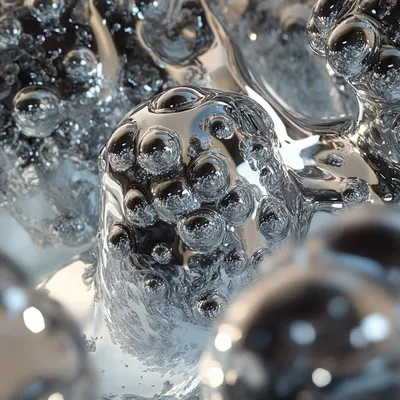 Ice cold hyper-realistic close-up of blobs of metal. The material appears bulbus, with intricate details of light refrac