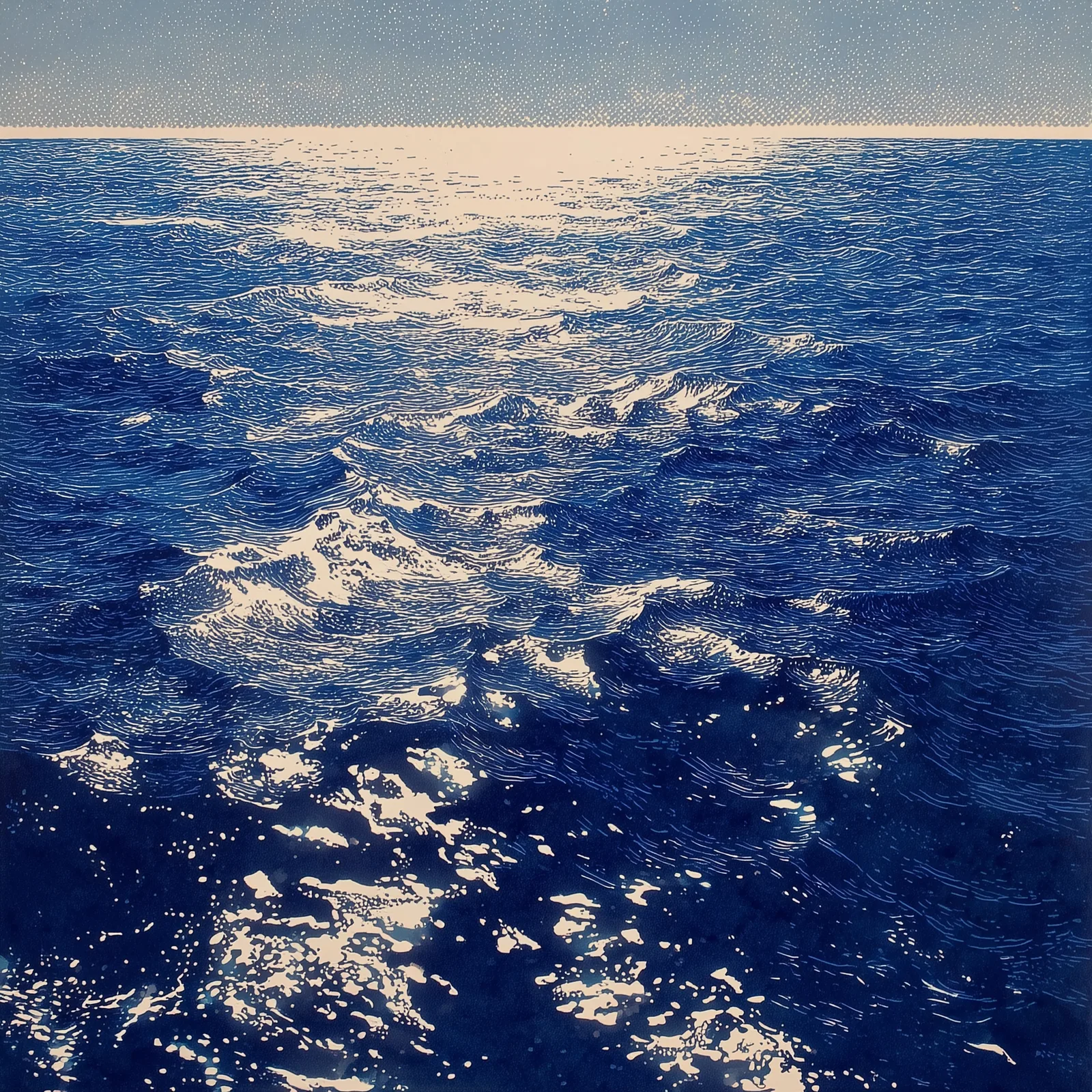 Expansive halftone ocean with heavy dithered texture, shimmering cream highlights across deep blue waves, abstract refle