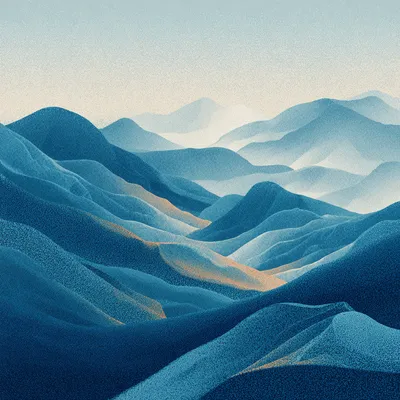 Layered halftone hills in ethereal light blue to deep ocean blue, cream light cascading over peaks, dithered textures cr