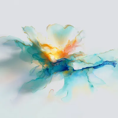 Minimal abstract composition on pure white background a soft, ethereal central form made of flowing luminous particles i