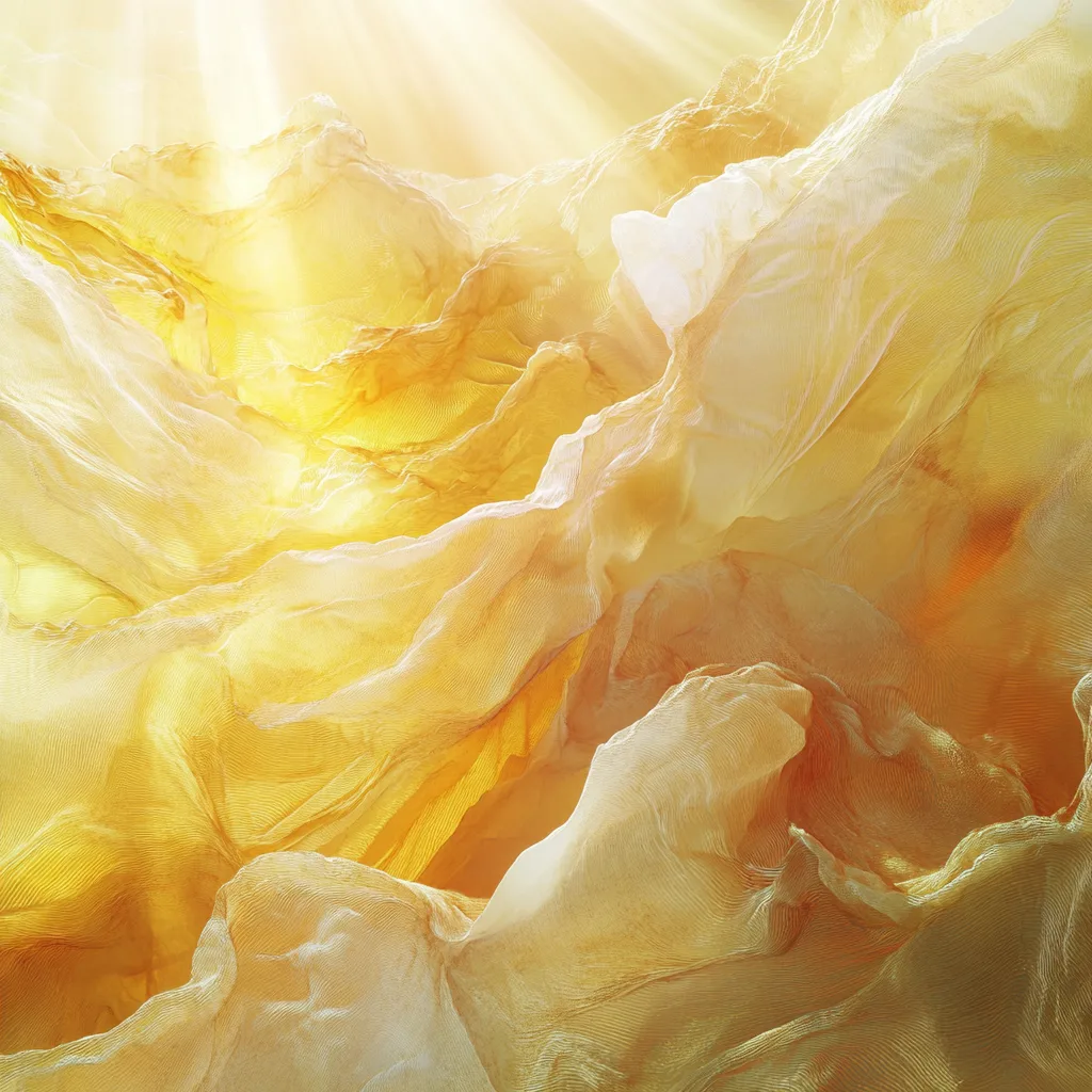 Fluid, glowing shapes in radiant golds, yellows, and soft bronzes, with subtle textures of light rays breaking through.
