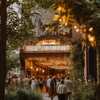 A historic theater exterior at golden hour, its grand entrance framed by creeping ivy and soft floral arrangements. The 