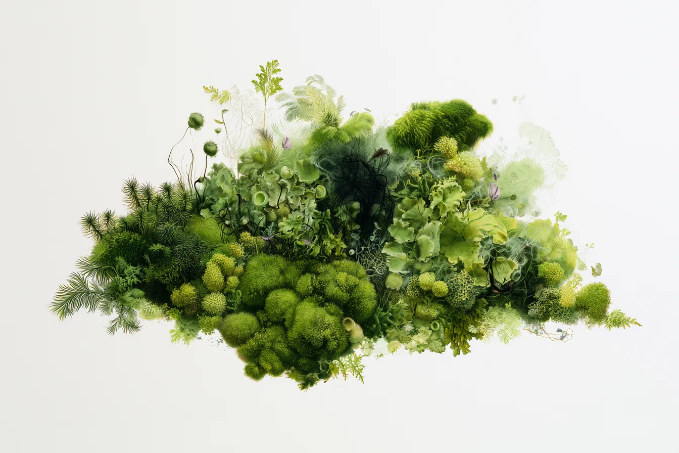 an abstract botanical specimen of a thriving moss and lichen colony, low and spreading laterally in a compact irregular