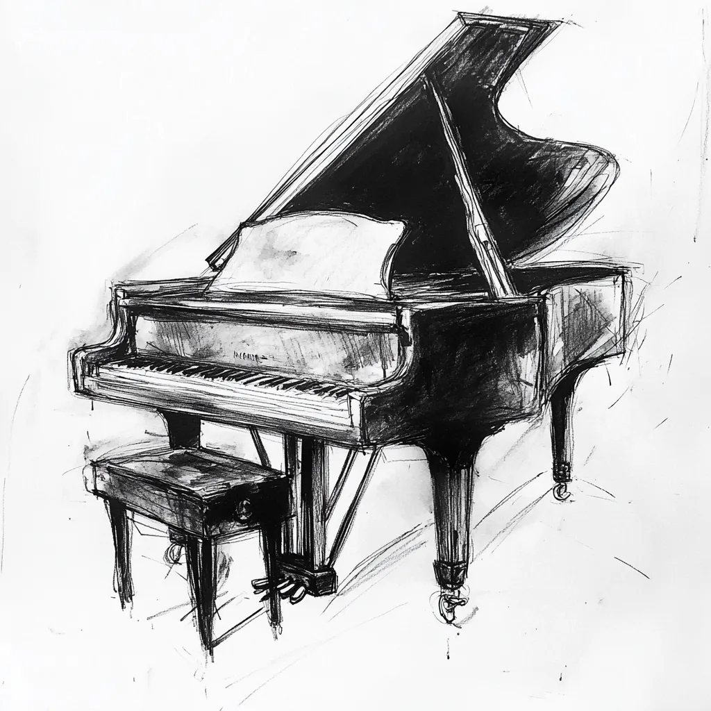black and white vine charcoal sketch of a piano, simple shapes