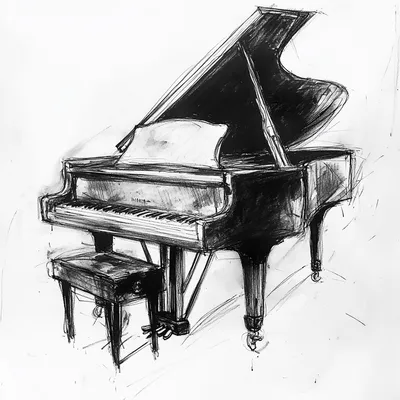 black and white vine charcoal sketch of a piano, simple shapes
