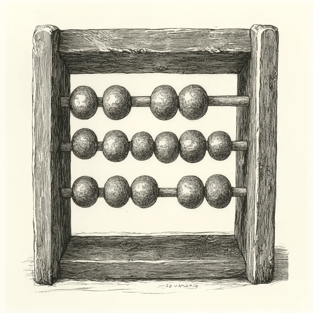An abacus depicted in a hard-point etching style, isolated with no background details. The frame is rendered with bold,