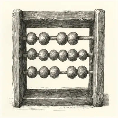 An abacus depicted in a hard-point etching style, isolated with no background details. The frame is rendered with bold,