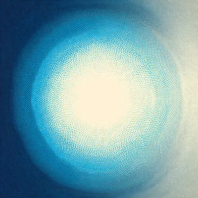 Abstract halftone spiral in ethereal light blue to deep ocean blue, dithered gradients expanding outward, soft cream glo