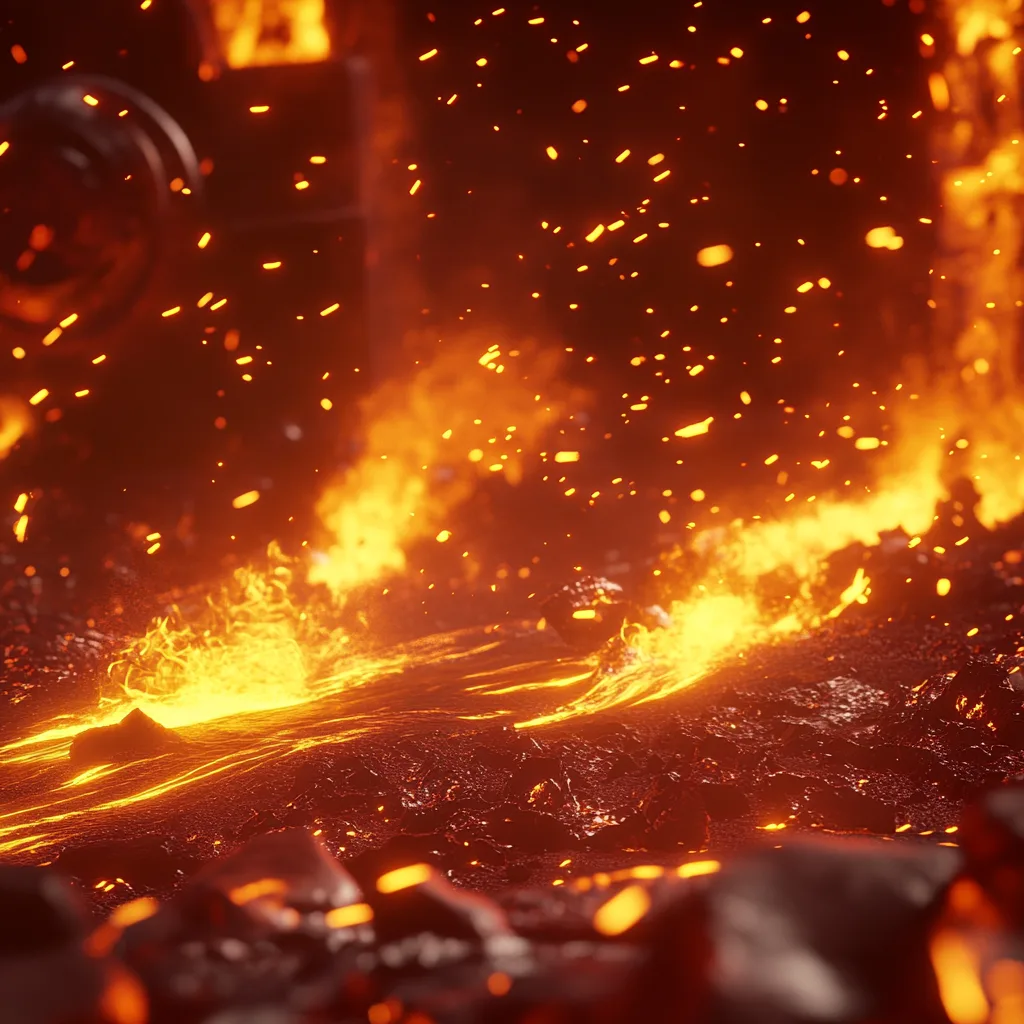 A cinematic and industrial molten fire scene with glowing, molten lead cascading in streams, creating the impression of