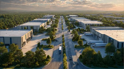 hyper-realistic aerial view of a modern industrial park, clean architecture, symmetrical warehouse buildings, manicured 