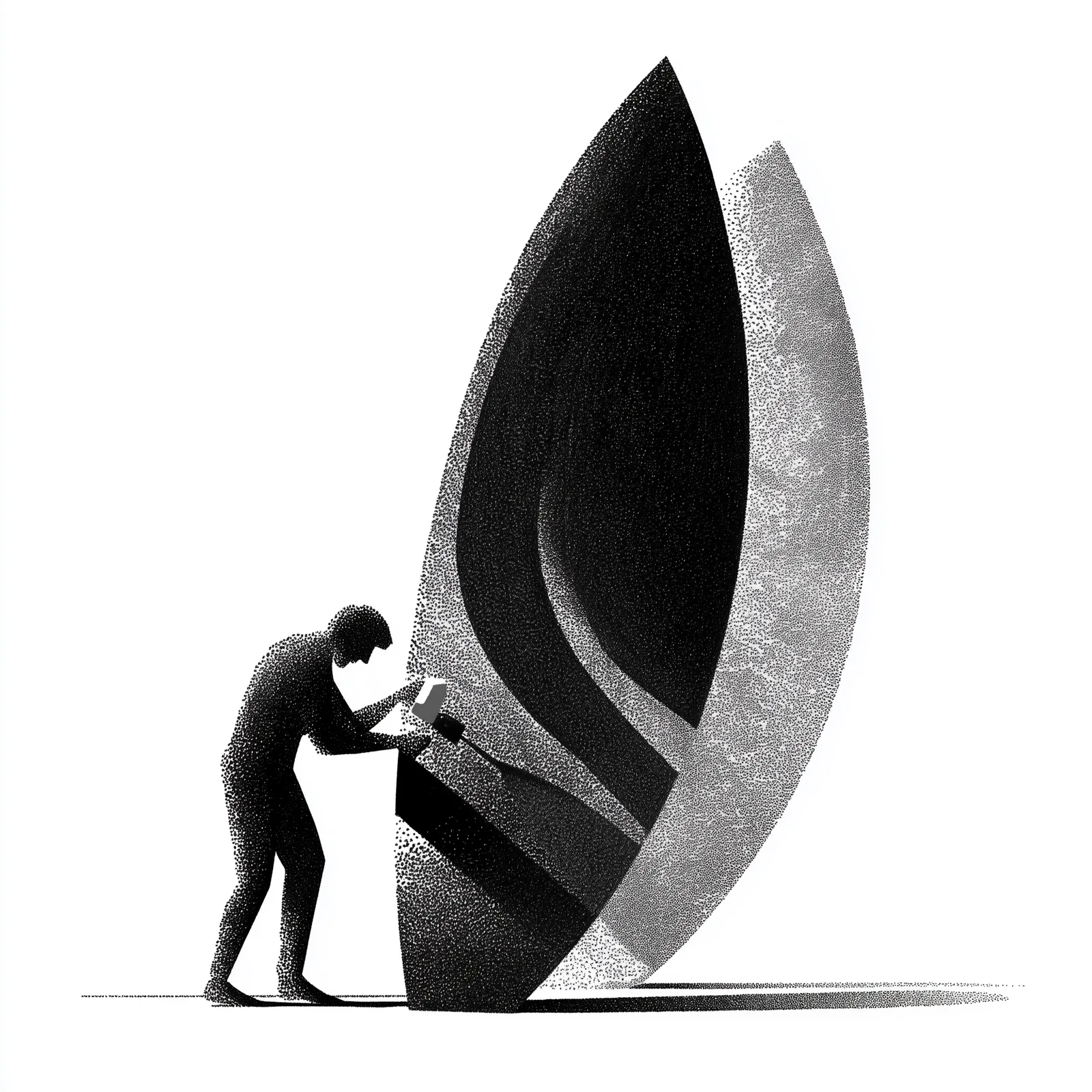 man sanding a foam surfboard trying to make it into a proper surfboard, black and white, strong negative space, graphic