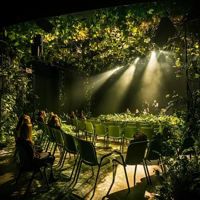 A post-performance theater scene where the audience mingles in the softly lit, nature-infused space. The seats remain ge