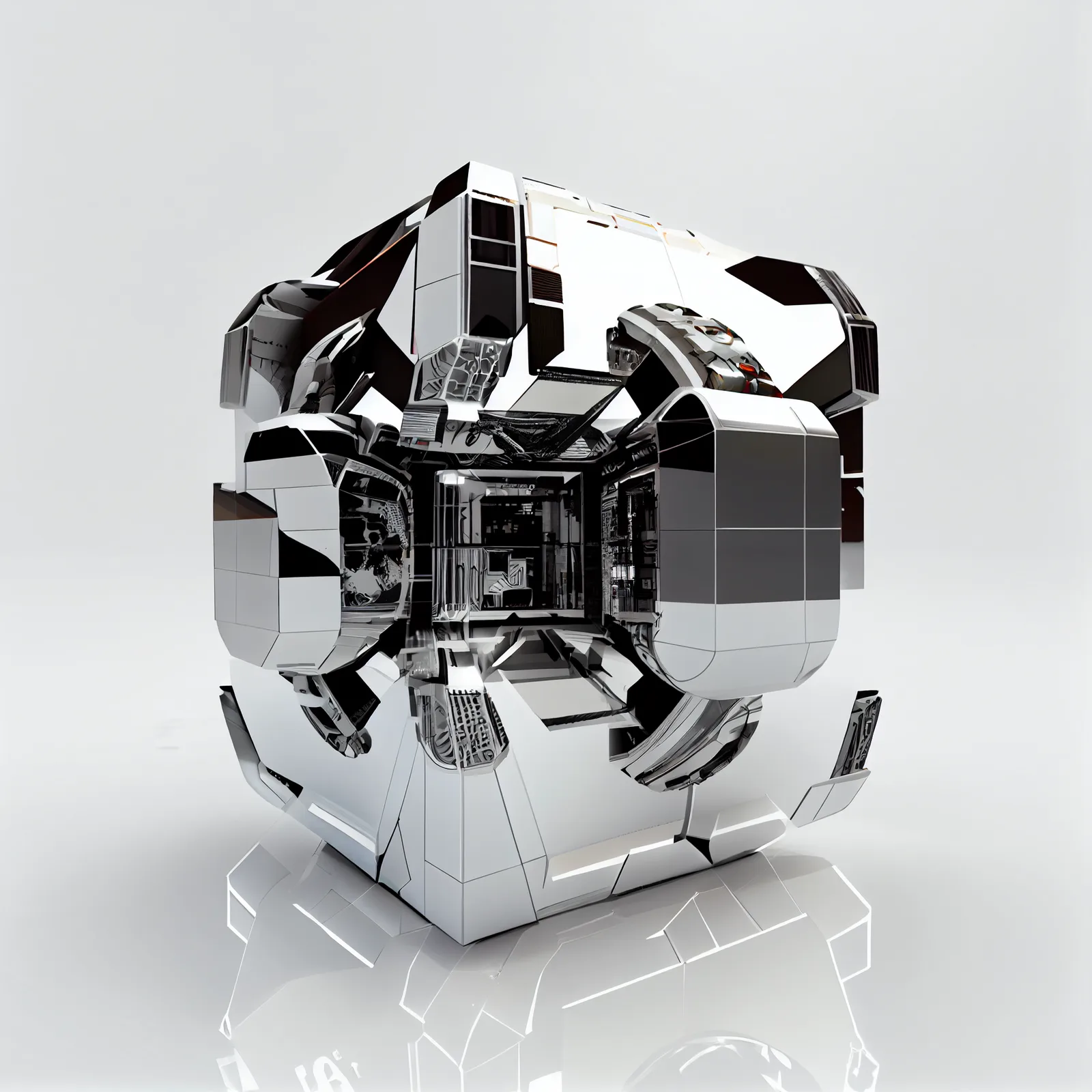 digital futurism, mirror, cube, 3d render, white background, cyber punk, spaceship --upbeta