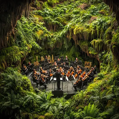 A fully equipped orchestra pit where musicians perform amid a lush, organic environment. The edges of the pit are lined 