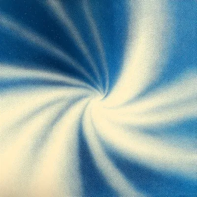 Abstract halftone spiral in ethereal light blue to deep ocean blue, dithered gradients expanding outward, soft cream glo