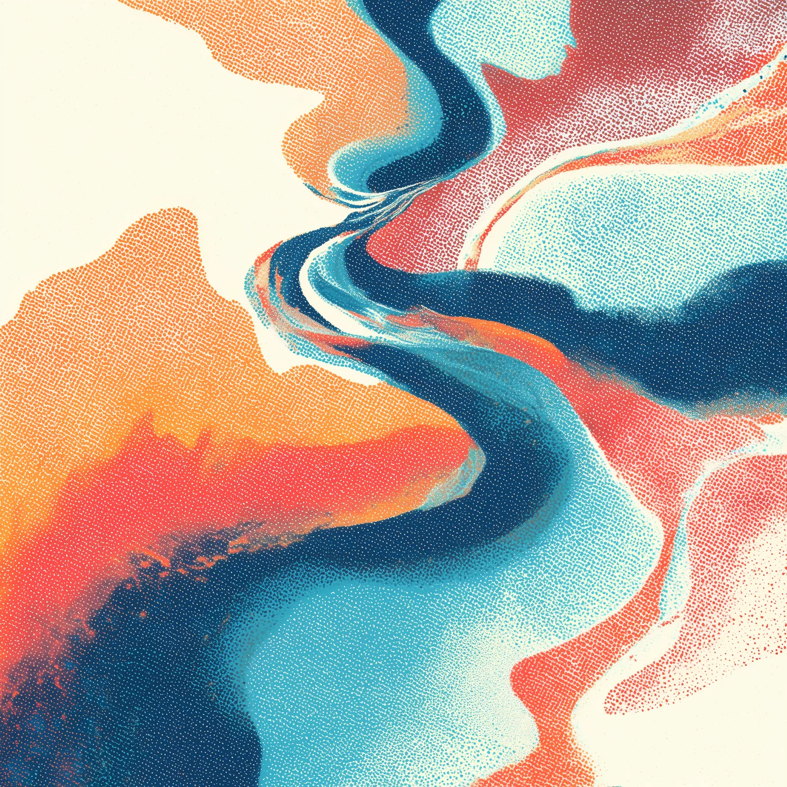 Abstract halftone rivers flowing across the canvas, intertwining streams of deep Pacific navy (#142139), airy Mint (#F5F