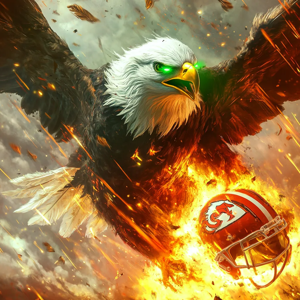 A powerful, ultra-realistic bald eagle with glowing green laser eyes obliterating the Kansas City Chiefs. The eagle is m