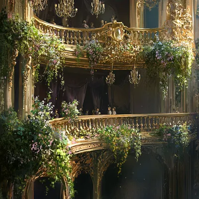 Elegant theater balconies, each with patrons immersed in the show, their private spaces enhanced by delicate trailing vi
