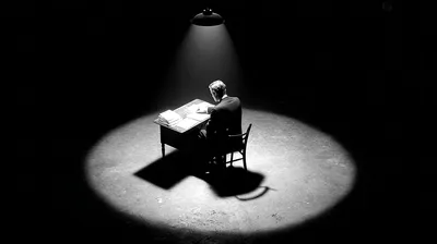 black and white film noir photograph from slightly above, single figure at a minimal desk working under a hanging pendan