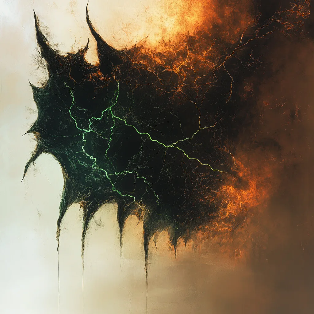 Abstract, ethereal form resembling a dark, cloud-like shape with lightning-like patterns of earthy green and amber energ