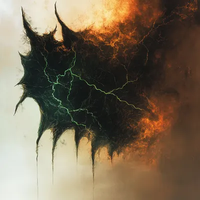 Abstract, ethereal form resembling a dark, cloud-like shape with lightning-like patterns of earthy green and amber energ