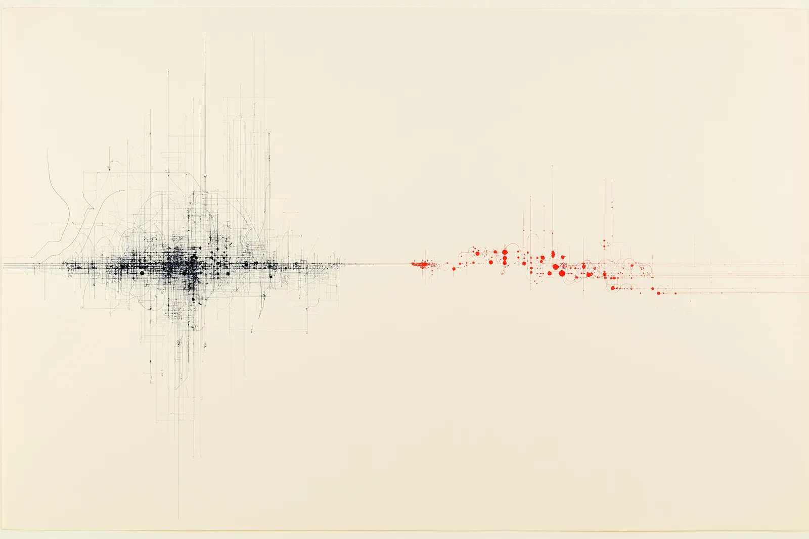abstract archival systems illustration on warm cream paper: a large dense field of thin navy lines, loops, nodes, and ca