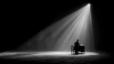 wide shot black and white film noir, tiny figure of a lawyer alone at a small desk in the center of a vast dark empty sp