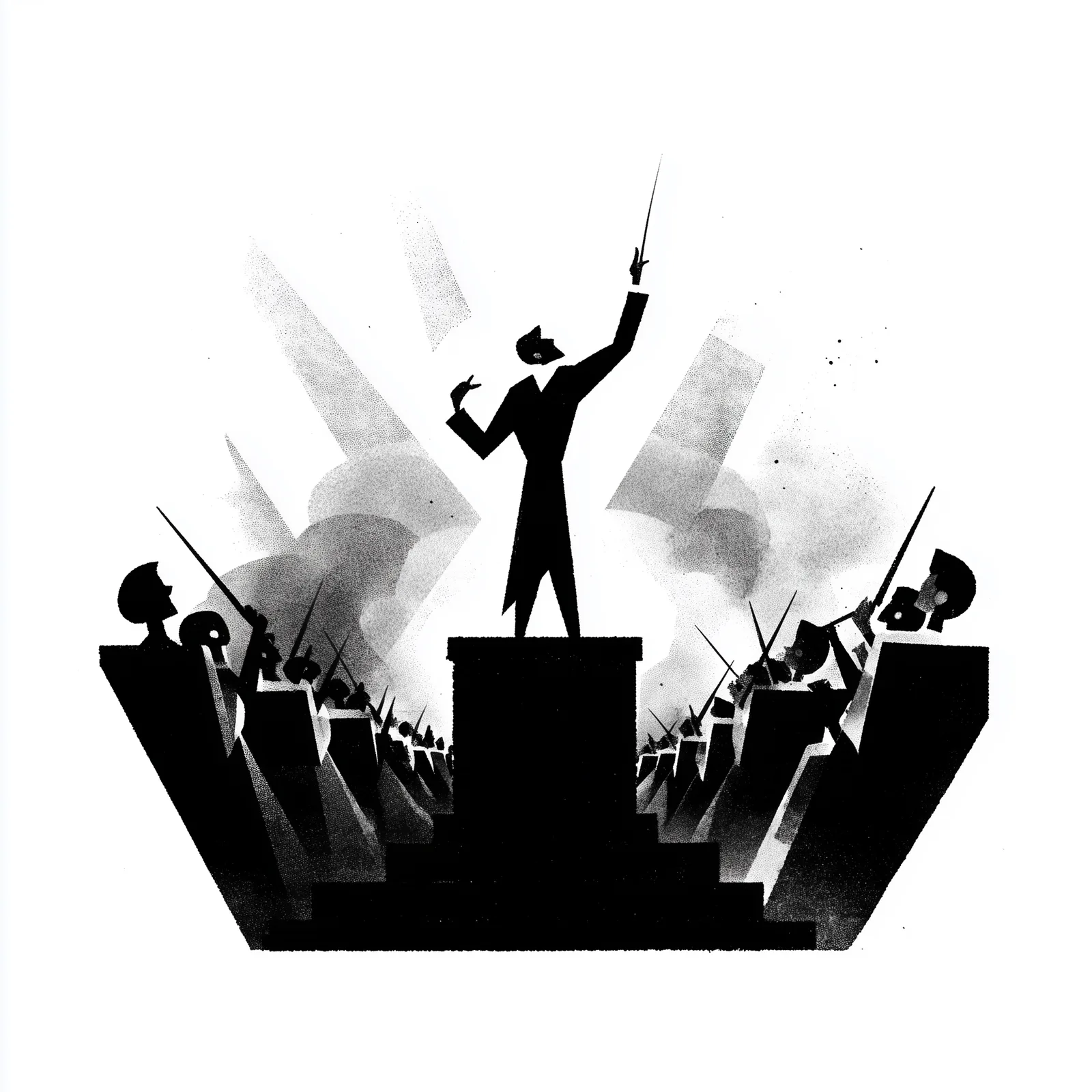 abstract conductor on a podium, baton raised, orchestra behind them... but the audience seats are empty, minimalist blac