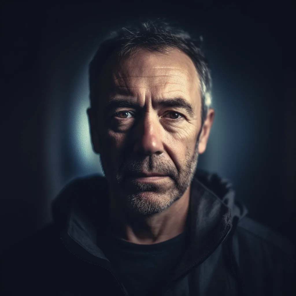 Portrait photo of a middle aged man, the portrait is shot on a mirrorless camera, a 50mm prime lens, and a dramatic ligh