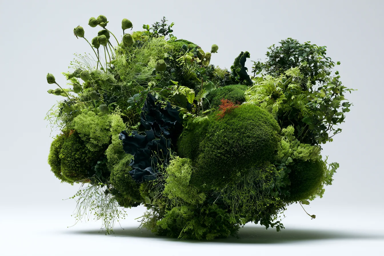 the same dense floating moss-and-lichen colony as the reference, transformed into early spring renewal: vigorous plush m