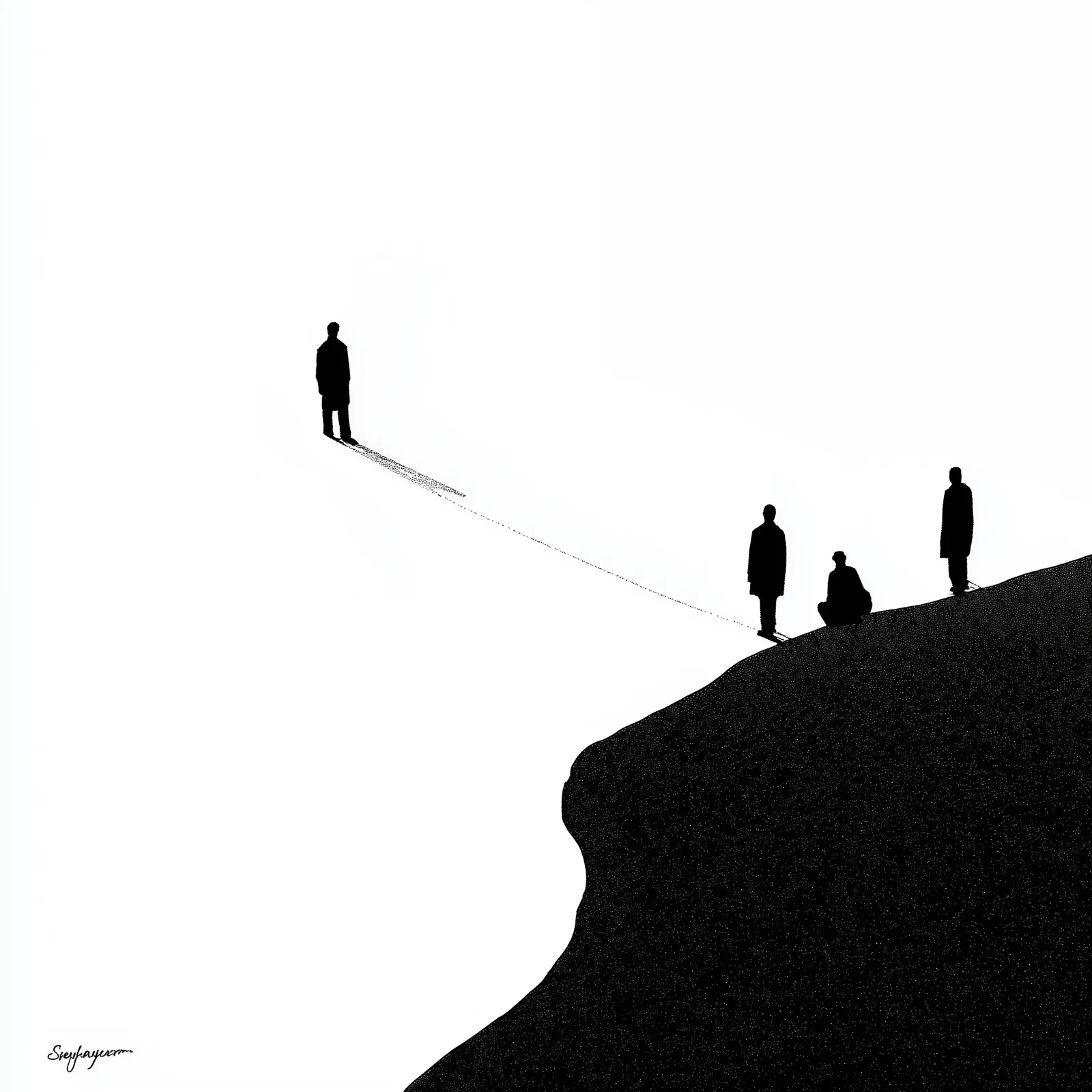 navigating the unknown, minimalist black and white editorial illustration, bold flat silhouettes, high-contrast ink draw