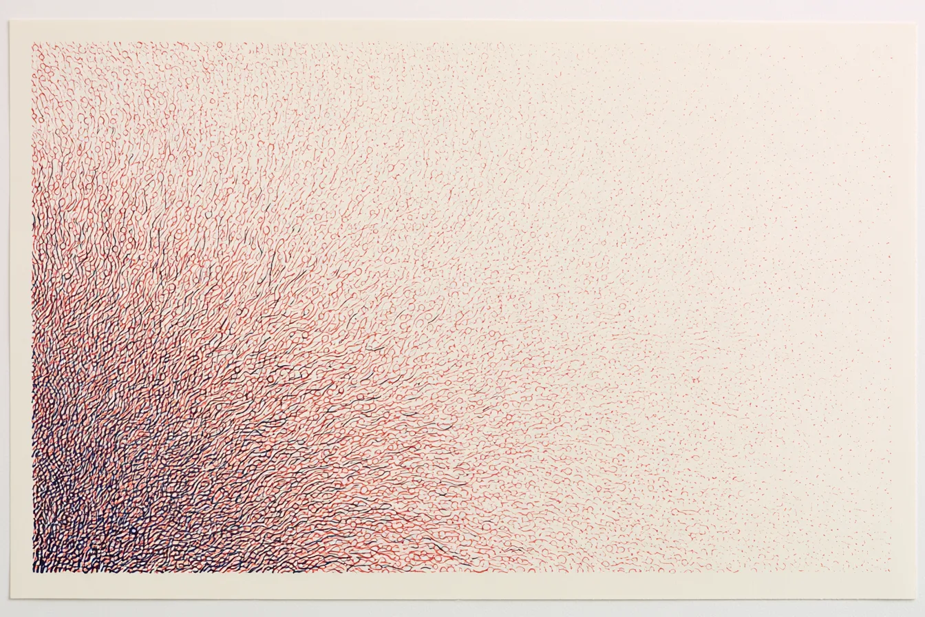 abstract optimistic systems pattern on warm white paper: fine deep-navy and vermilion-red lines begin tightly gathered i