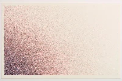 abstract optimistic systems pattern on warm white paper: fine deep-navy and vermilion-red lines begin tightly gathered i