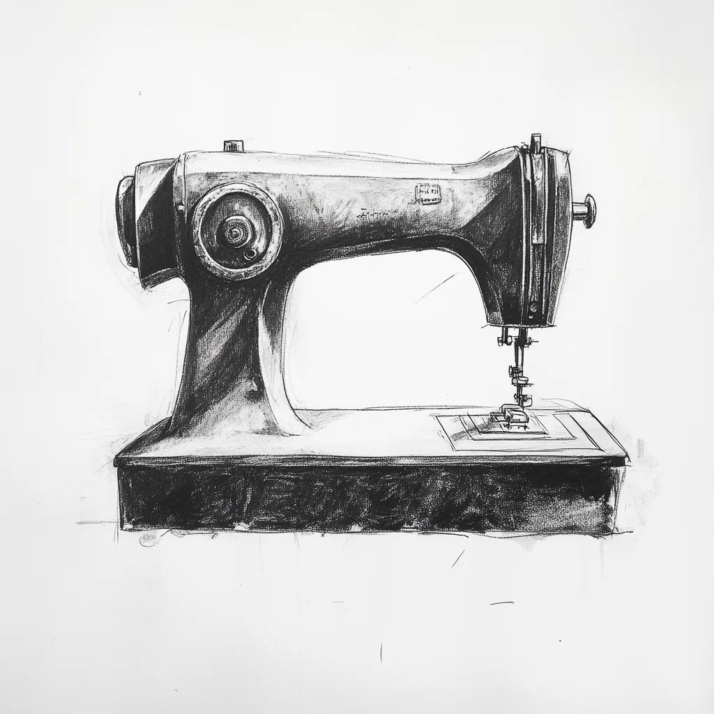 black and white vine charcoal sketch of a sewing machine, simple shapes