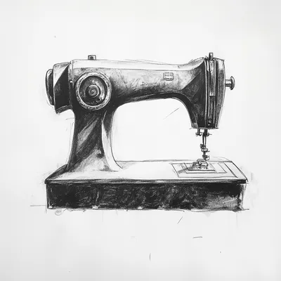 black and white vine charcoal sketch of a sewing machine, simple shapes