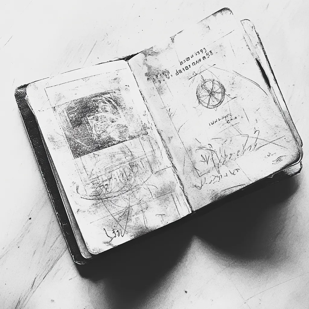 black and white vine charcoal sketch of a piece of passport, simple shapes